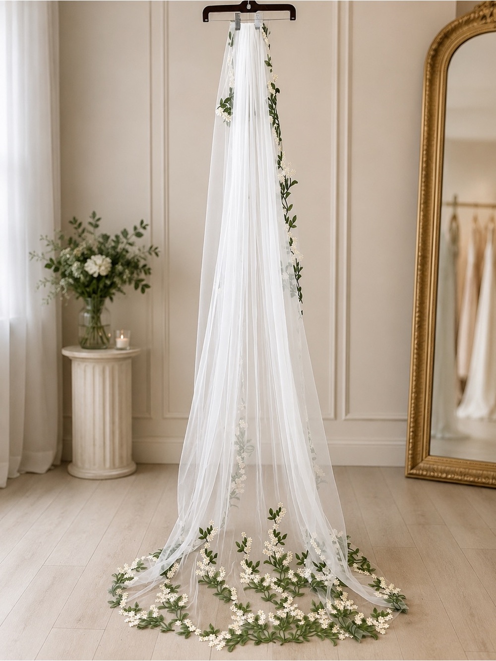Embroidered Floral Wedding Veil in White with Green Accents